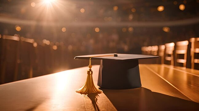 Ah siny graduation cap with a golden tassel sits proudly on a polished wooden stage, bathed in warm spotlight
