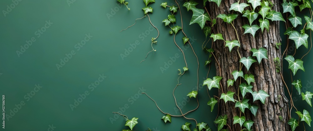 Poster ivy vines gracefully climbing tree trunk against a green background with room for text in a nature i