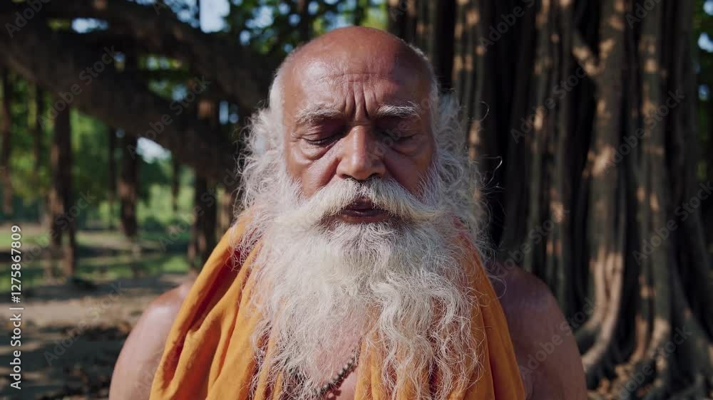 Aufkleber a serene video scene of a man meditating under a large tree, captured from a low angle, emphasizing 