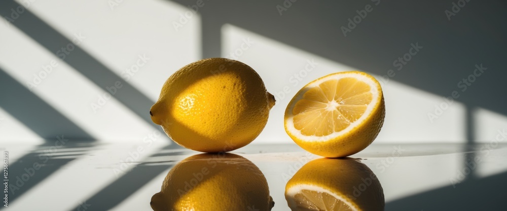 Poster fresh yellow lemon and half lemon on reflective surface with shadows and soft lighting
