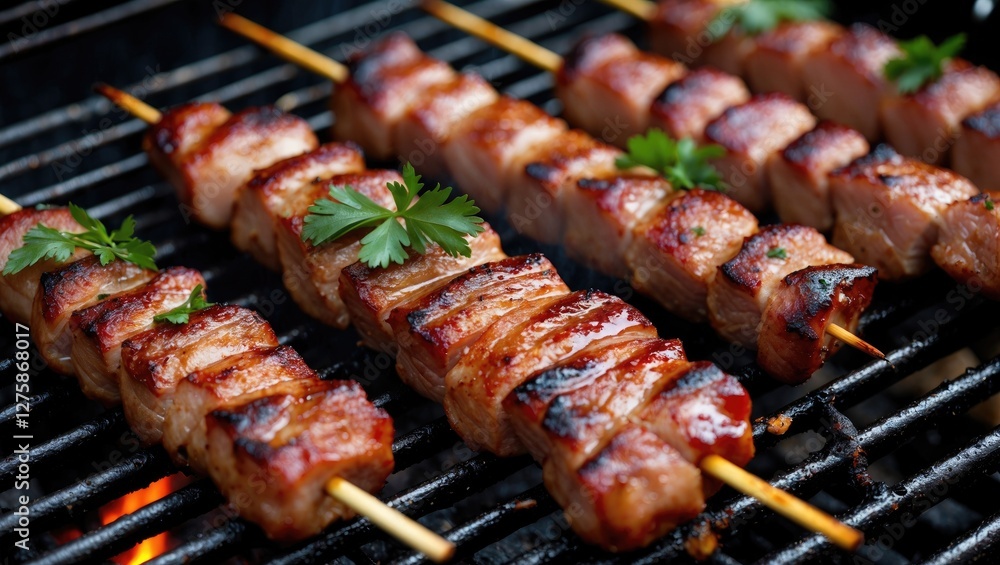Aufkleber grilled juicy pork kebabs on skewers with fresh herbs and space for text in a bbq setting