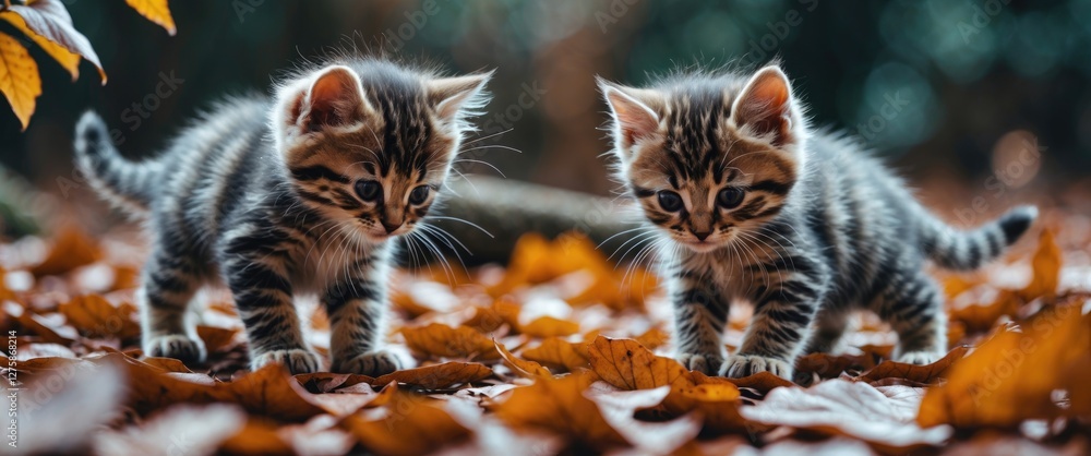 Poster kittens exploring autumn leaves playfully with empty space for text and captivating nature backgroun