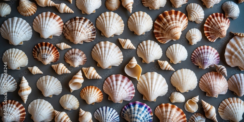 Poster colorful marine seashells background with various shapes and textures ideal for design projects and 