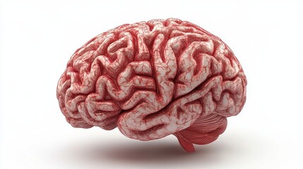 A detailed and realistic depiction of a human brain, showcasing its intricate structure and blood vessels against a clean white background.