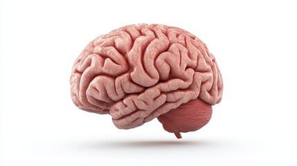 A detailed 3D model of a human brain, showcasing intricate folds and structures against a white background, emphasizing its complexity and biological significance.