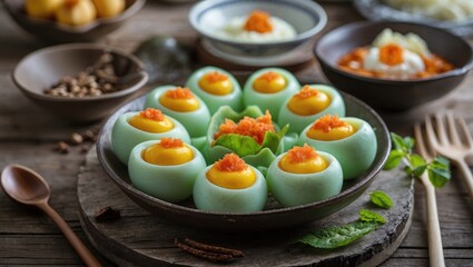 Colorful Kim Fish-Turtle Egg Dessert Plated with Garnishes and Copy Space for Text, Showcasing Traditional Asian Cuisine Presentation