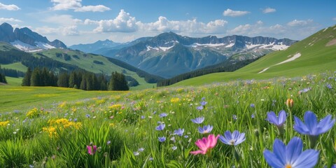 Vibrant Green Meadows with Blooming Wildflowers and Majestic Mountain Peaks Under Clear Blue Sky Ideal for Nature and Landscape Themes