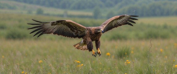 Obraz premium Lesser Spotted Eagle In Flight Over A Lush Summer Meadow Surrounded By Vibrant Wildflowers In A Serene Landscape