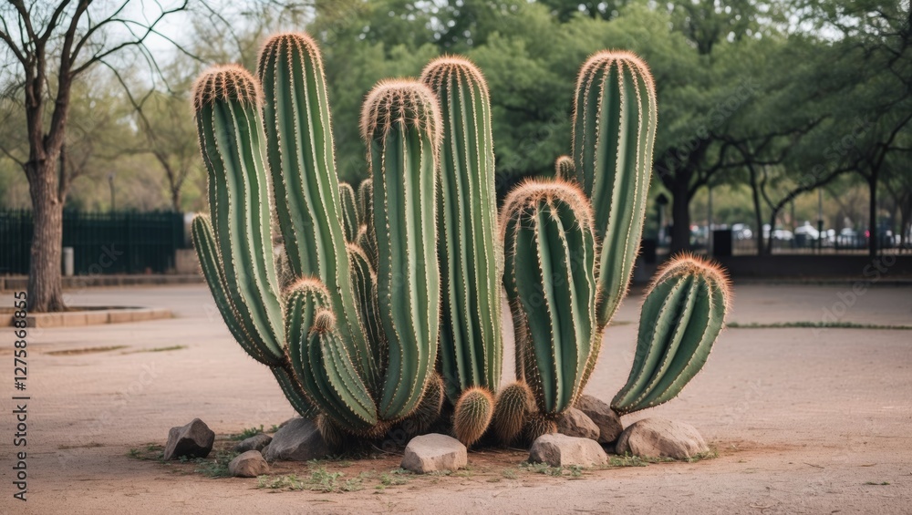Poster lush large cactus with striking needles in a tranquil park setting featuring ample empty space for c