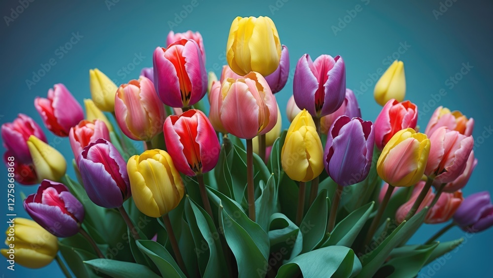 Poster vibrant spring tulip bouquet in full bloom with soft background and space for text integration