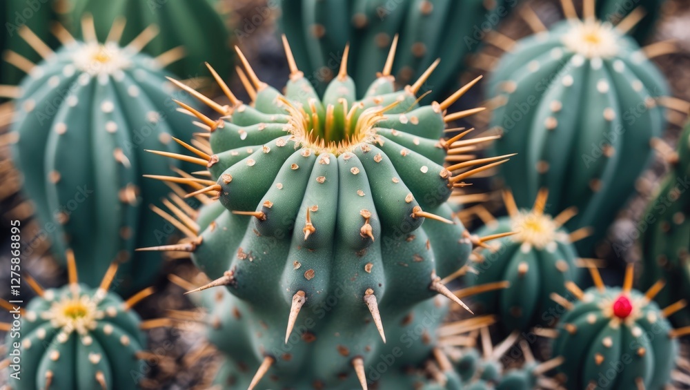 Poster close-up view of cactus with large sharp spines and empty space for text background in natural setti