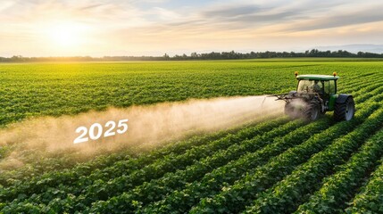 Obraz premium In the year 2025, innovative modern farming techniques significantly enhance crop yields across a lush, vibrant green field at sunrise