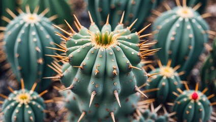 Obraz premium Close-Up View of Cactus with Large Sharp Spines and Empty Space for Text Background in Natural Setting