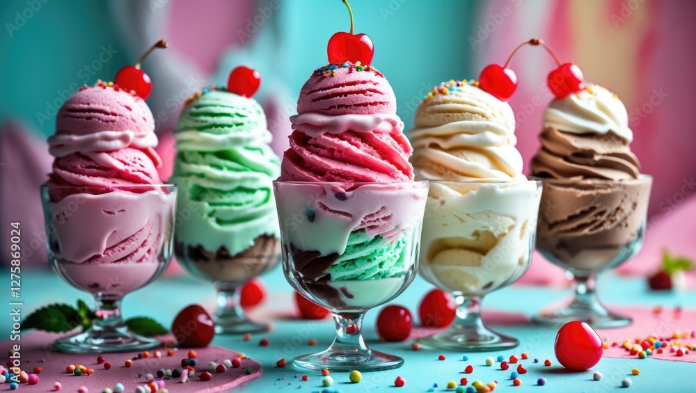 Poster colorful ice cream scoops in glass cups with cherries and sprinkles on a bright background featuring