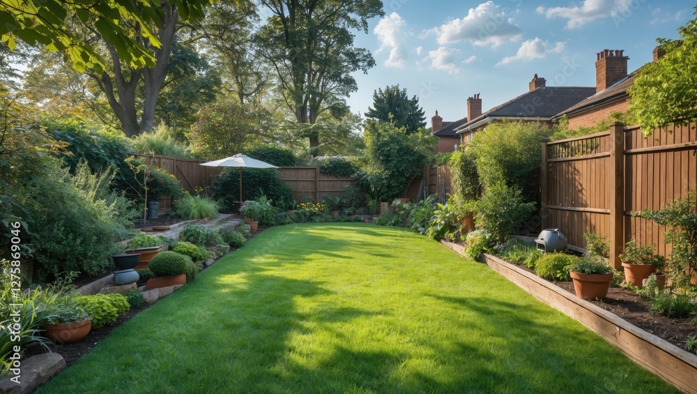 Poster lush green lawn surrounded by garden features and empty copy space for custom text overlay