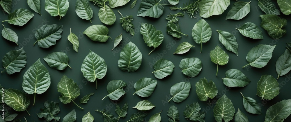 Poster green leaf background with varied leaf types and empty space for text placement