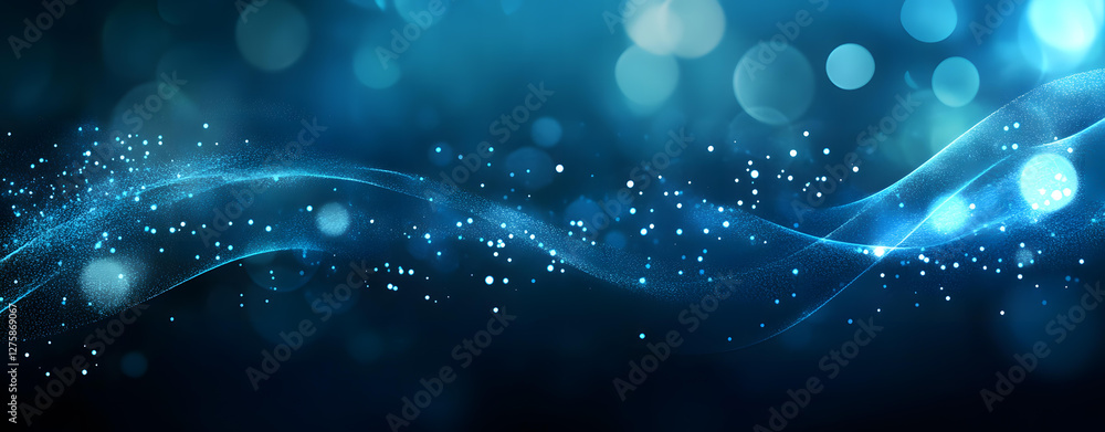 Poster abstract blue wave background with sparkling lights and bokeh effects