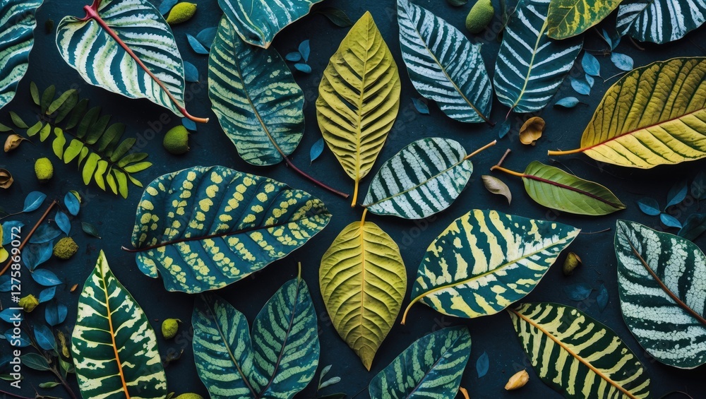 Poster vibrant leaf patterns and textures displayed on a dark background for nature and botanical themes