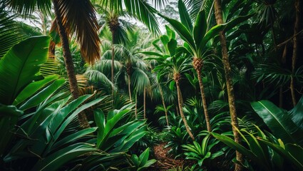 Lush Tropical Jungle with Palm Trees and Vibrant Green Foliage Ideal for Nature and Adventure Themes in Panoramic Wallpaper Design