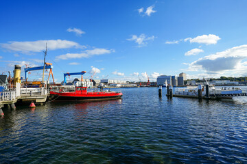 View of the harbor and the Baltic Sea in Kiel. Baltic Sea arm Kiel Fjord.
