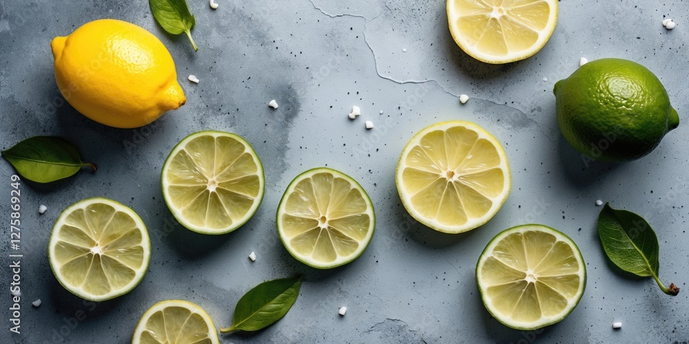 Poster sliced lemon and lime on textured grey background with fresh leaves and empty space for text or crea