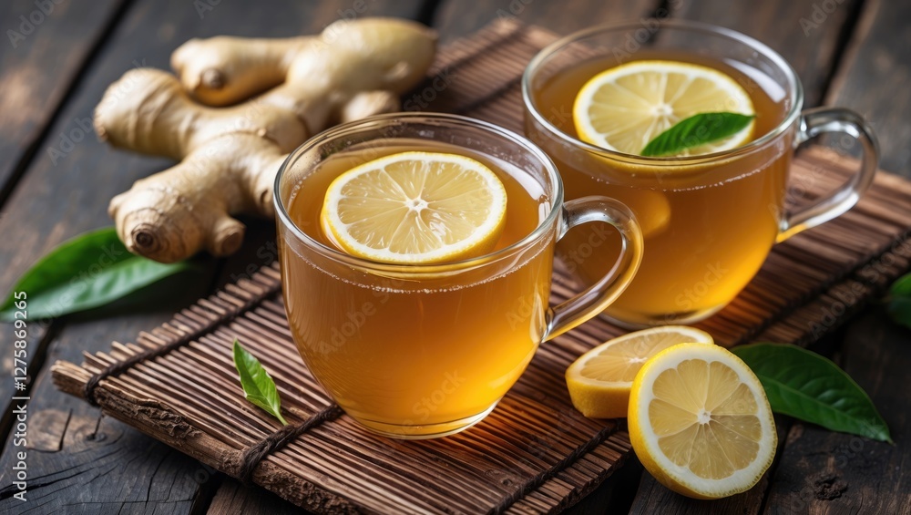 Poster refreshing lemon ginger tea on wooden mat with slices of lemon and ginger root surrounded by green l