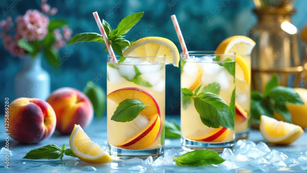 Poster refreshing lemon peach mojito cocktail with fresh basil and ice garnish in a bright summer setting w