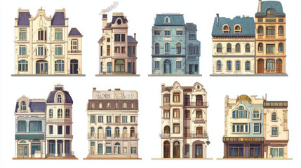 Fototapeta premium Urban retro building cartoon vector set illustration. Old residential and government buildings with shop or cafe on lower floor, isolated on white background