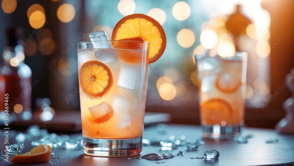 Aufkleber refreshing alcoholic cocktail with ice and orange slices on table surrounded by ice cubes and beauti