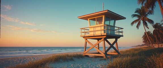Lifeguard tower on a beach during sunrise with palm trees and gentle waves creating a serene coastal atmosphere.