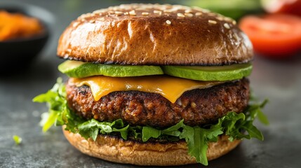 Close-up of a delicious beef burger featuring melted cheese, fresh lettuce, and sliced cucumbers, all nestled in a soft sesame seed bun.