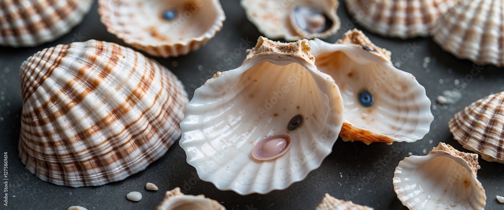Poster close-up of assorted sea shells showcasing intricate textures and patterns with empty space for text