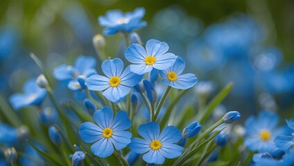 Delicate blue flowers with yellow centers in a lush green background, capturing the beauty of springtime blooms in soft focus.
