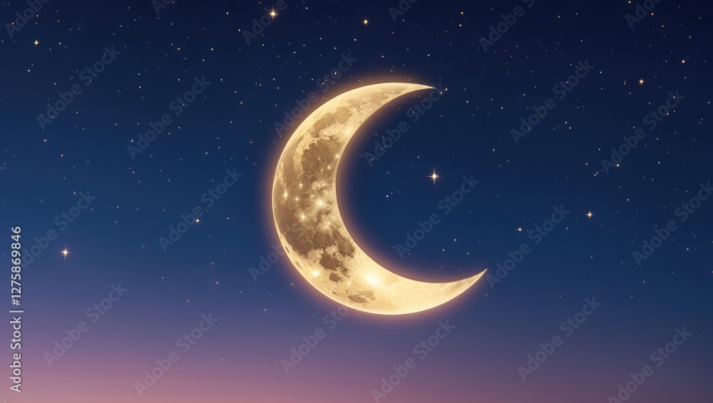 Poster crescent moon glowing softly in a twilight sky with stars creating a serene backdrop offering ample 