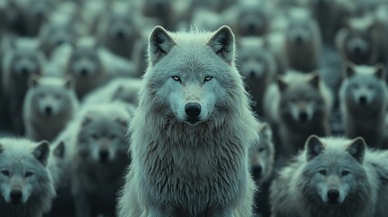 Arctic wolf leading pack, snowy landscape, wildlife documentary
