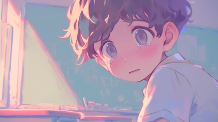 Anime Style Illustration of a Sad Young Boy Crying