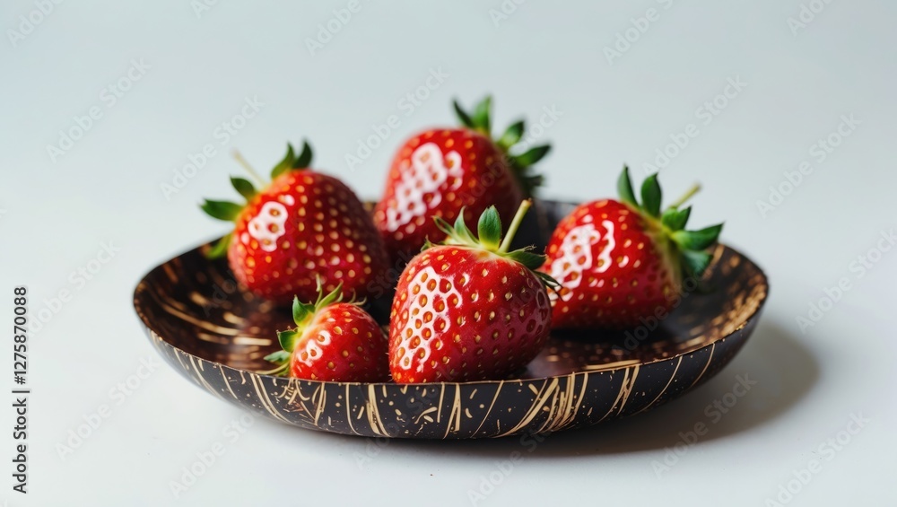 Poster fresh strawberries displayed in a coconut bowl on a light background with space for text or branding