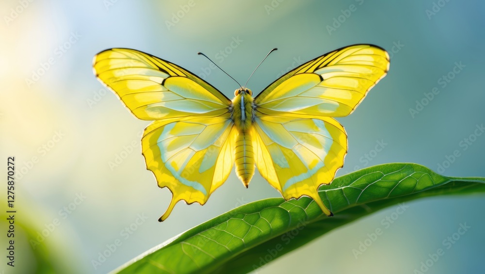 Poster vibrant yellow tiger butterfly spreading its wings on a leaf in nature with soft background and clea