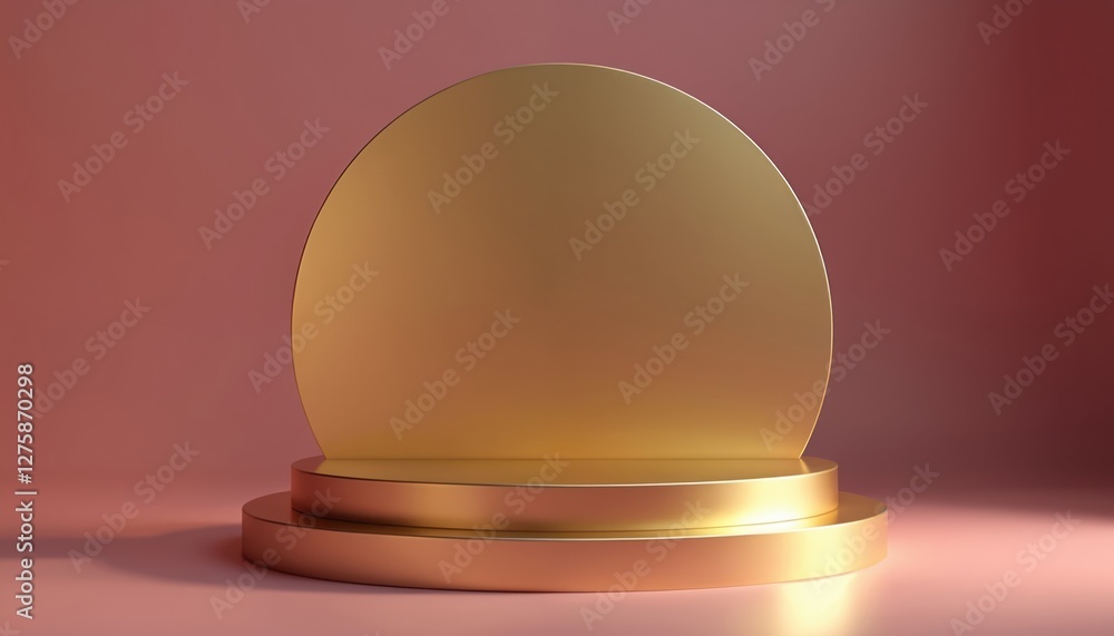 Poster golden platform with round backdrop on pink surface. product stage for mock-up presentation, minimal