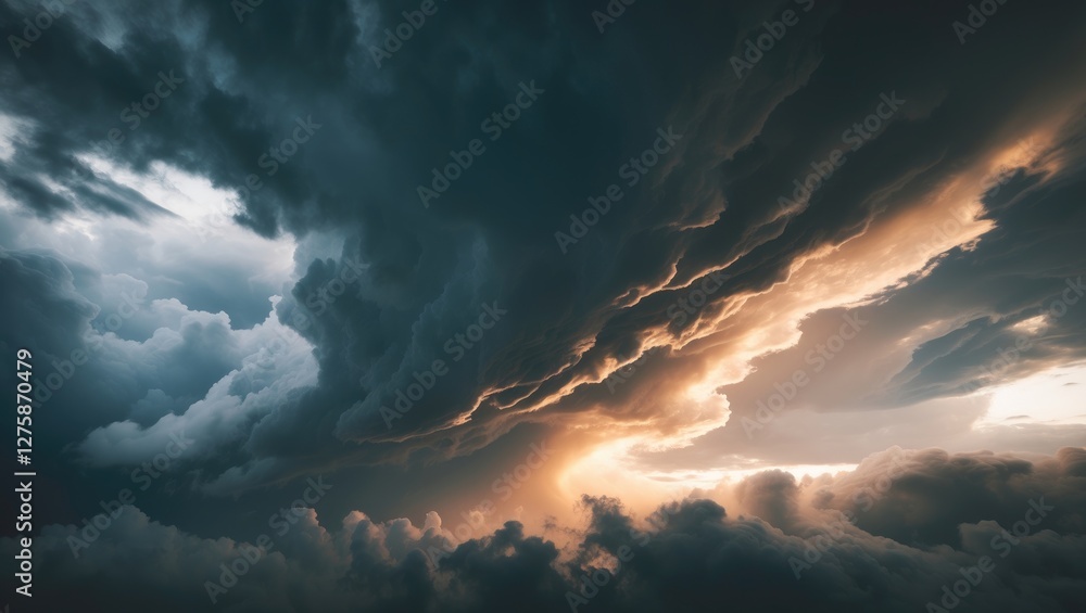 Poster dramatic cloud formation with golden light and empty space for text or message