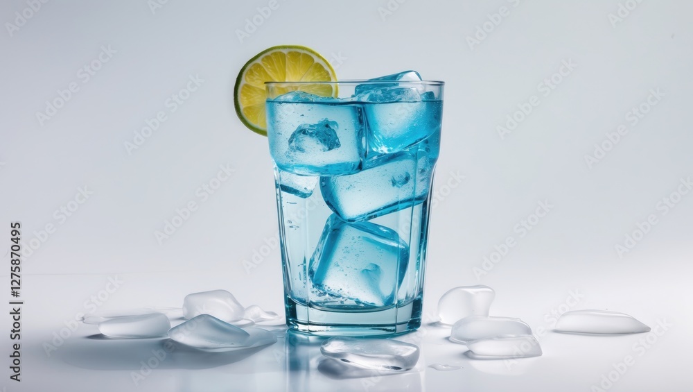 Poster refreshing blue soda with ice in transparent glass and lemon slice on white background with space fo