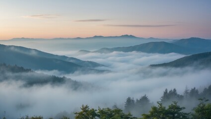 Fototapeta premium Scenic Mountain Landscape with Misty Fog and Soft Afternoon Light Featuring Space for Text Overlay