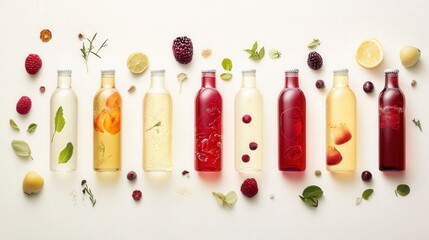 Assorted Bottled Beverages Displayed Elegantly with Fresh Ingredients on a Light Background