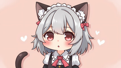 Kawaii anime catgirl in a frilly maid outfit