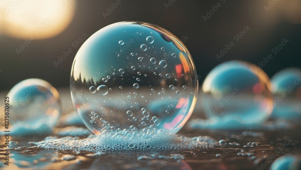 Poster soap bubbles glowing in soft light with clear space for text or graphic overlay