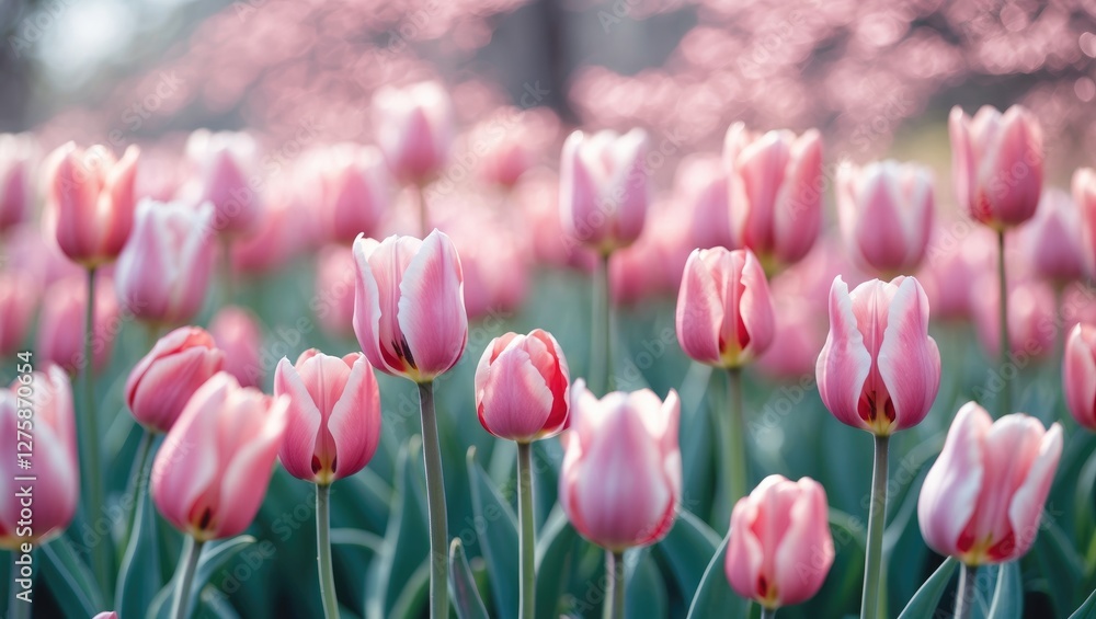 Poster pink tulips blooming in spring with soft bokeh background and copy space for text ideal for floral d