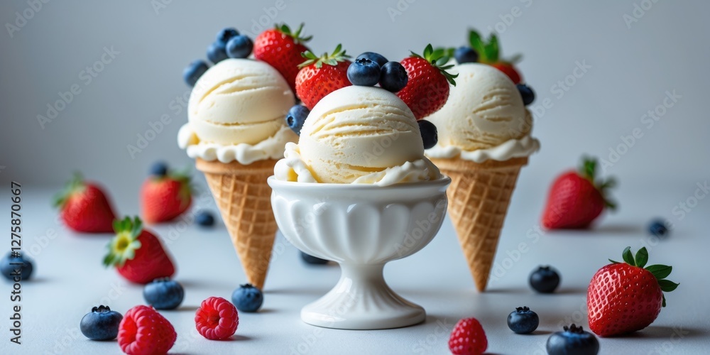 Poster vanilla ice cream scoops topped with fresh berries in cones with empty space for creative text and d