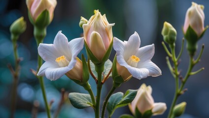 Naklejka premium Tuberose Flower Blossoms with Soft Petals Beautifully Framed Against Blurred Background for Text Placement