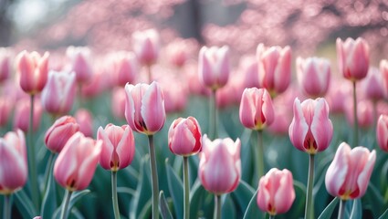 Fototapeta premium Pink Tulips Blooming in Spring with Soft Bokeh Background and Copy Space for Text Ideal for Floral Design and Greeting Cards