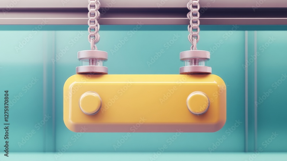Aufkleber abstract 3d render of a yellow rectangular object hanging from silver chains against a teal tiled ba